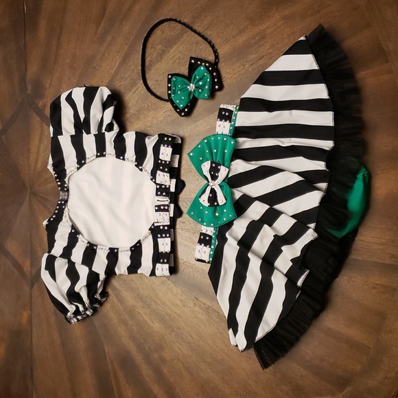 Striped Black and White Kids Dance  Costume Rhinestones Beetlejuice Waistress - Picture 5 of 16